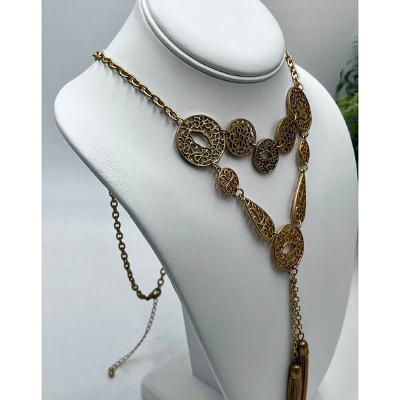 Matte Brushed Gold Double Strand Medallion Filigree Light Tassel Y Necklace - Picture 3 of 6